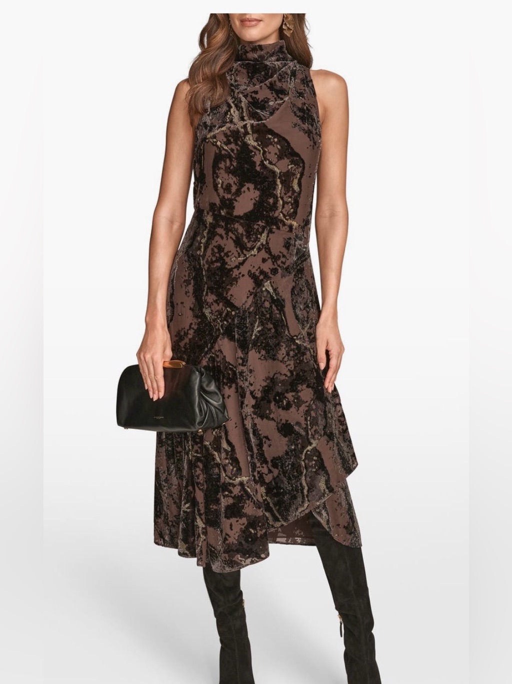 Donna Karan Brown And Black Velvet-Effect Midi Dress